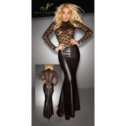 Noir Handmade Lang Wetlook Kjole med Blondetop