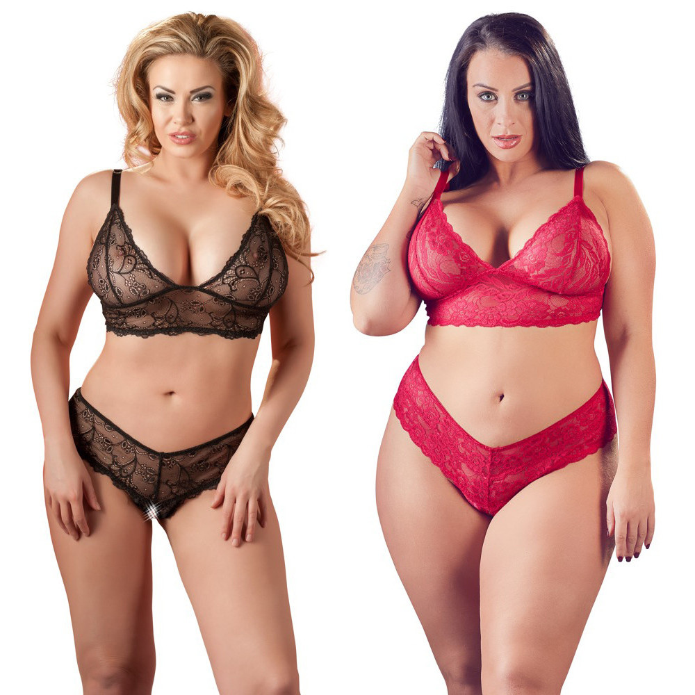 Cottelli Plus Size Blød Blonde BH og Bundløs Trusse