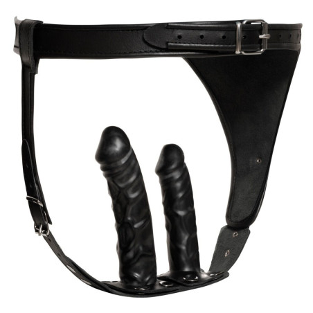 Zado Læder G-Streng med 2 Latex Dildoer